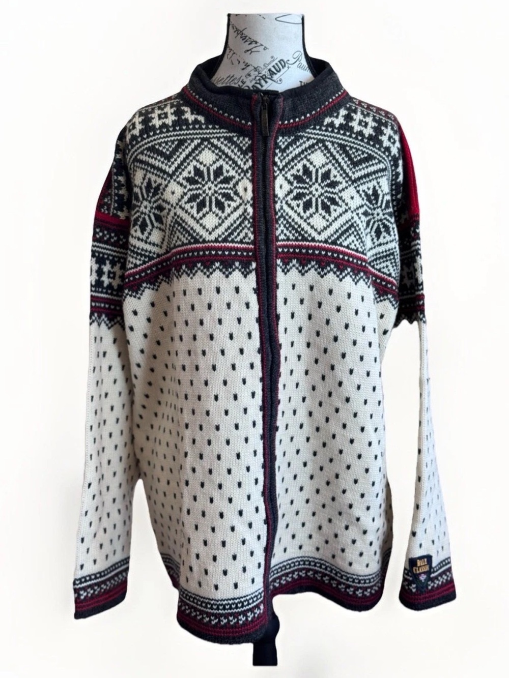 Dale of Norway Wool Zip Black Beige Snowflake Red Winter Trim Sweater Jacket L